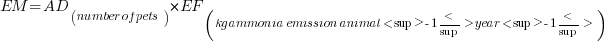 EM = AD_(number of pets) * EF_(kg ammonia emission animal<sup>-1</sup> year<sup>-1</sup>)